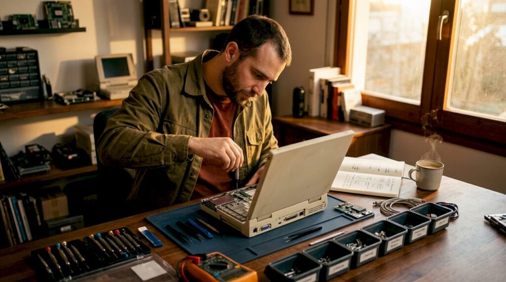 Especialista desmontando una laptop para reutilizar sus componentes