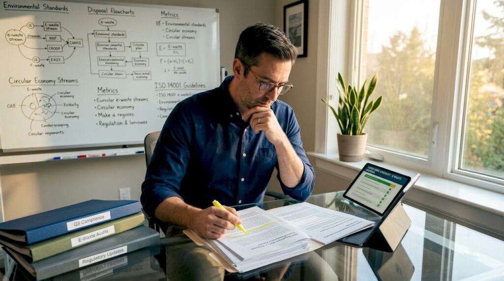 Environmental compliance officer reviewing e-waste standards