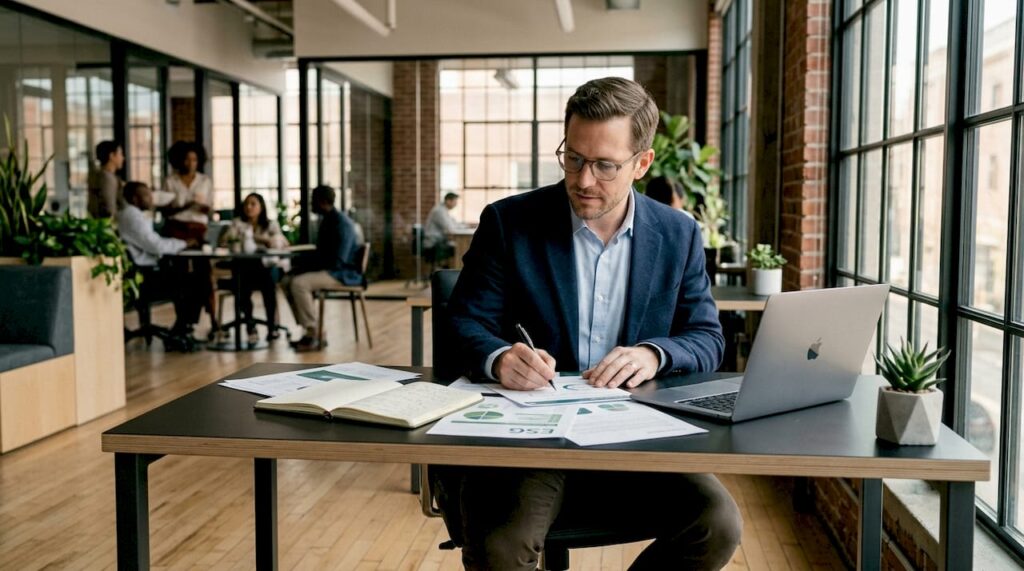 Professional analyzing ESG recycling reports in office