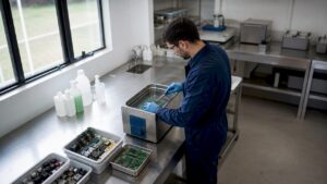 Especialista realiza labores de limpieza en equipos electrónicos dentro de un área técnica
