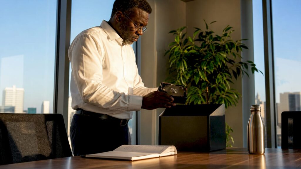 IT specialist destroying hard drive in office