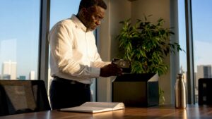 IT specialist destroying hard drive in office