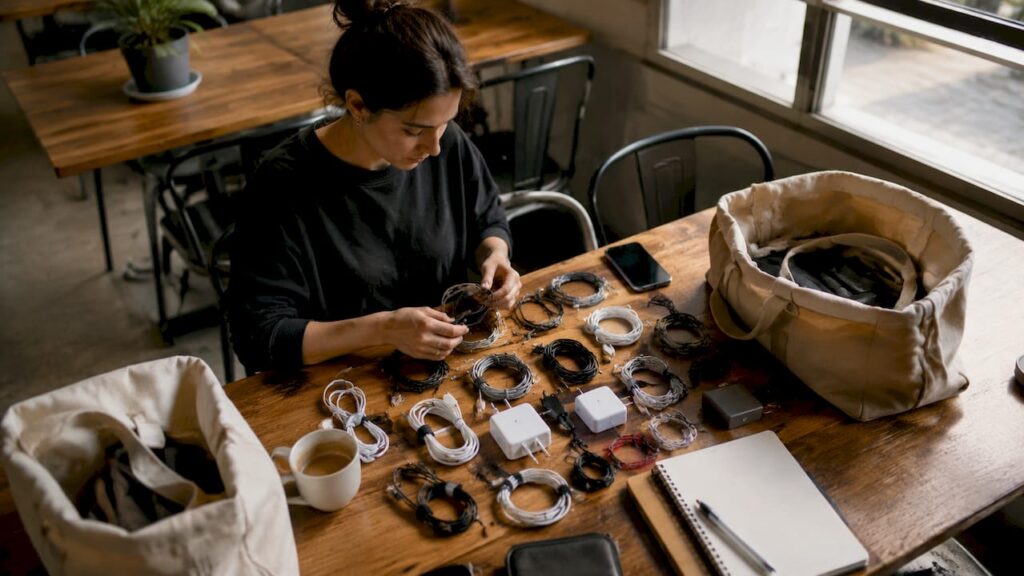 Una mujer organiza los cables viejos en casa para llevarlos a reciclar.