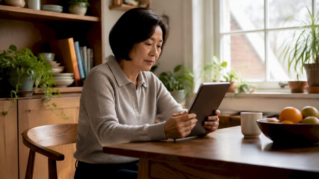 Woman inspecting tablet for device repurposing