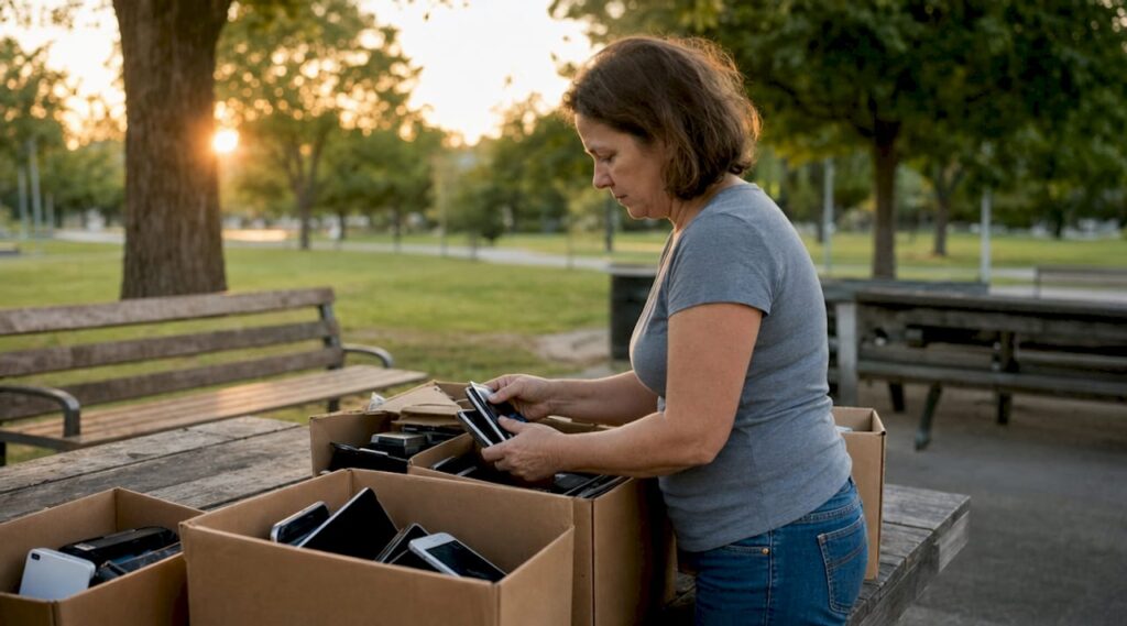Persona que clasifica aparatos electrónicos para llevarlos a reciclar