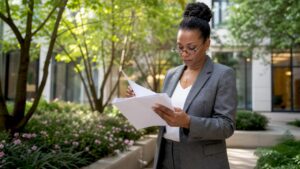 Businesswoman reviewing compliance documents at desk