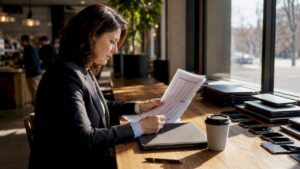 Businesswoman reviewing electronics disposal inventory