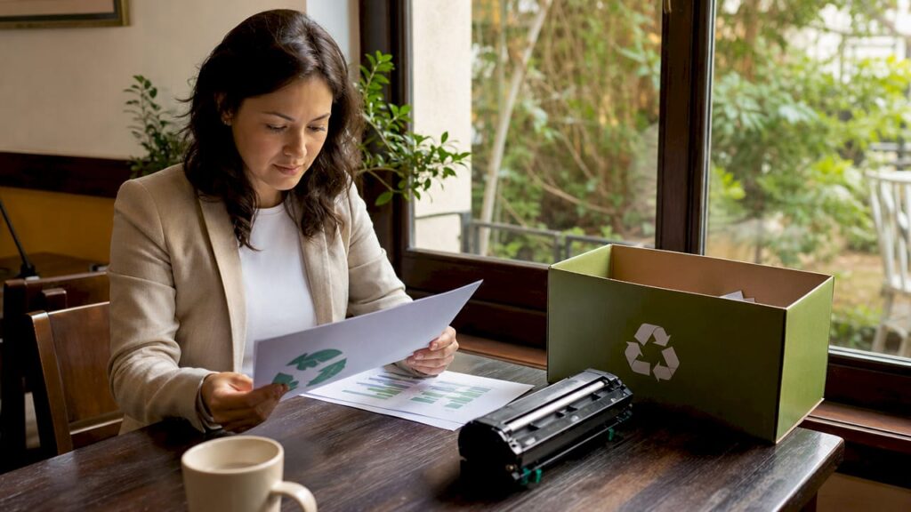 Una mujer revisa papeles relacionados con el reciclaje, mientras tiene un cartucho de impresora usado sobre la mesa.