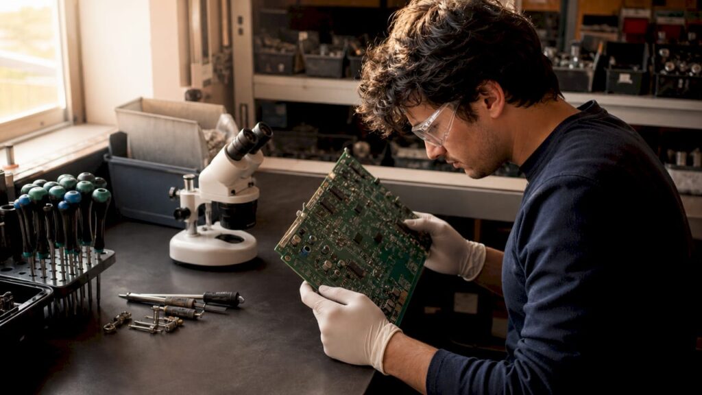 Especialista revisando una placa electrónica en un taller de reciclaje