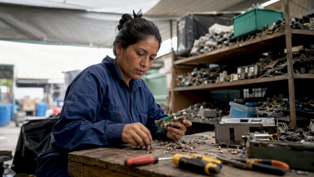 Ingeniera revisando un circuito en una planta de reciclaje de aparatos electrónicos