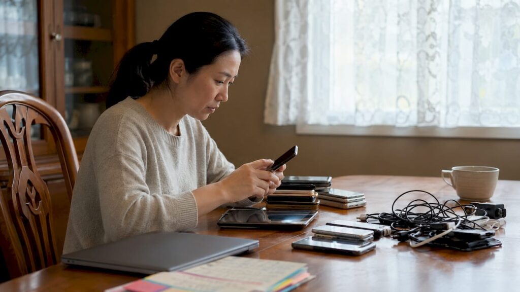 Woman sorting old electronics at home desk