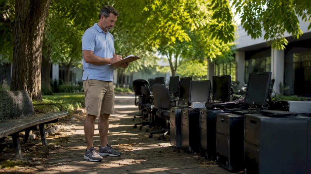 IT manager reviewing workstation recycling inventory