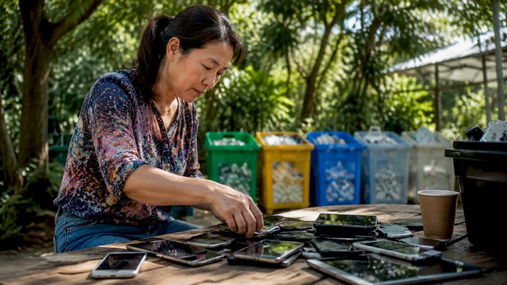 Woman sorting digital devices at recycling center