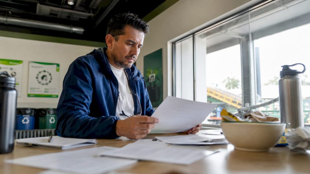 Funcionario inspeccionando el listado de materiales peligrosos en residuos electrónicos