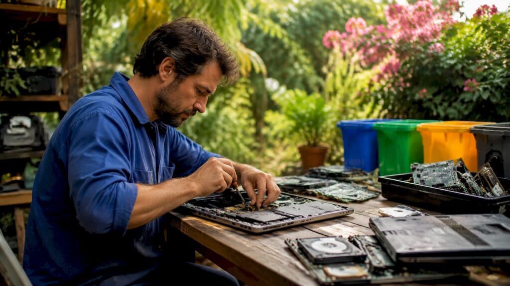 Technician dismantling electronics for value recovery