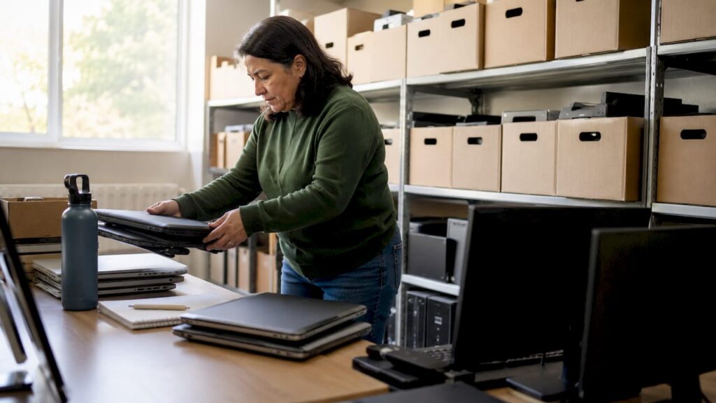 Persona preparando equipos informáticos para donarlos a quienes más lo necesitan.