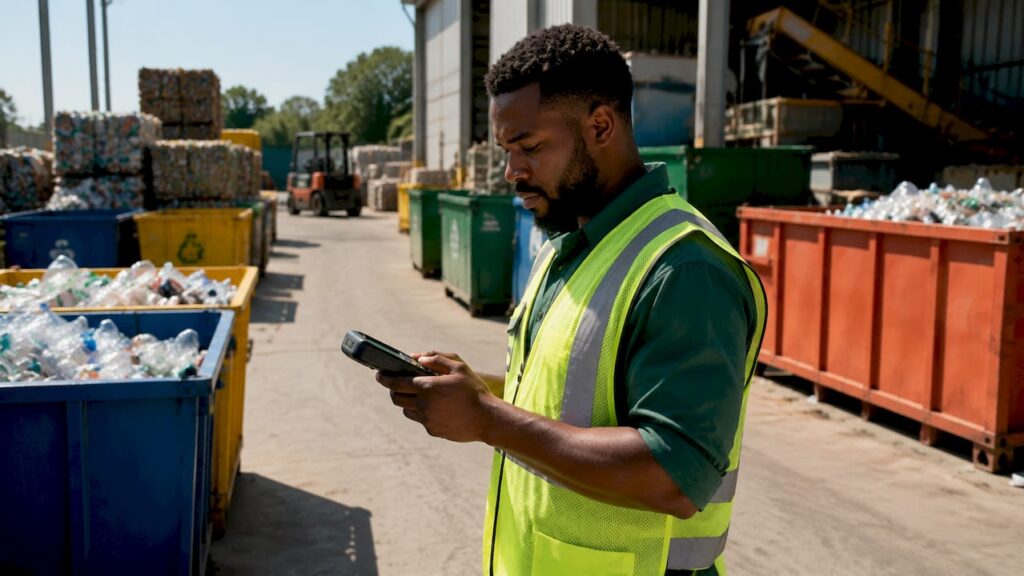 Manager scanning recycling assets with RFID device