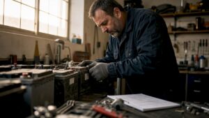 Especialista revisando el estado de baterías industriales usadas