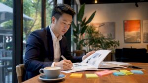 Man reviewing electronics lifecycle documents at office table