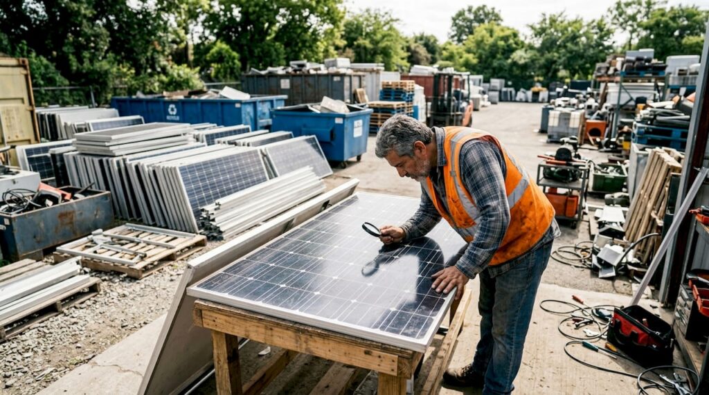 Un ingeniero supervisa el proceso de reciclaje de paneles solares para garantizar que todo funcione correctamente y se aprovechen al máximo los materiales reutilizables.