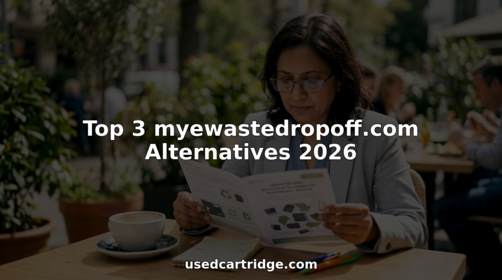 Businesswoman comparing e-waste recycling brochures
