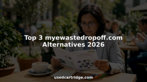 Businesswoman comparing e-waste recycling brochures