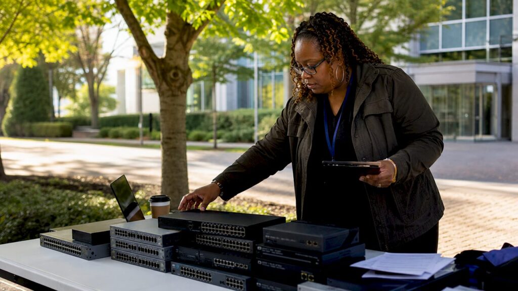IT specialist cataloging networking gear for recycling