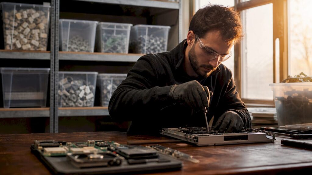 Especialista desmontando un aparato electrónico para reutilizar sus componentes
