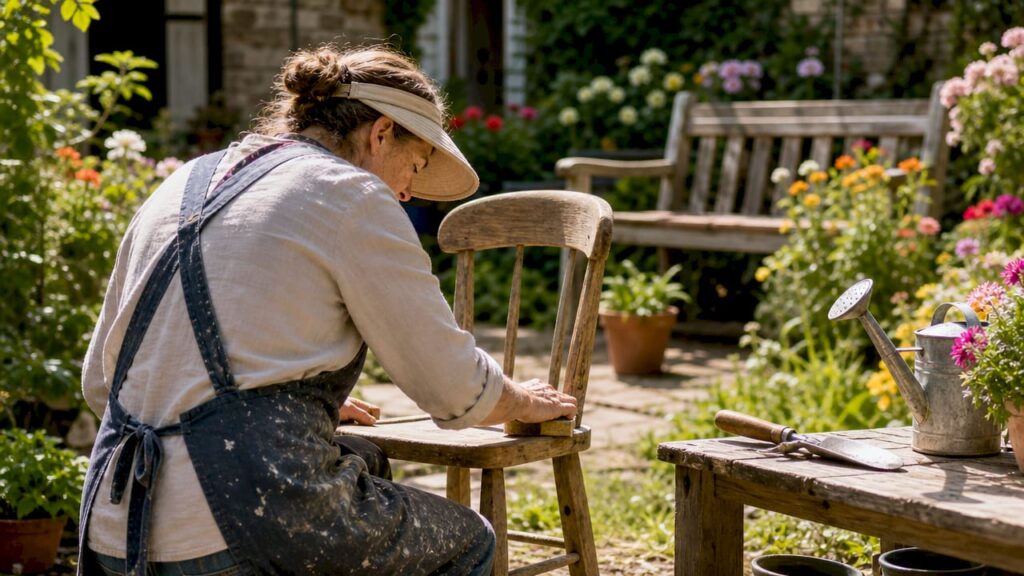 Woman sanding wooden chair in home workshop