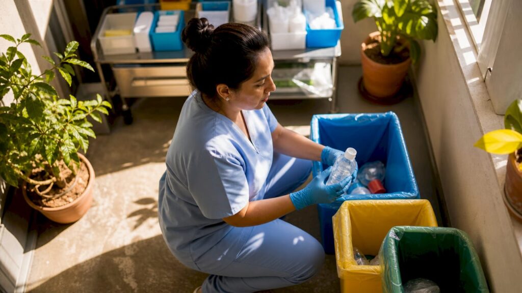Una enfermera se encarga de clasificar los residuos para reciclar en el pasillo del hospital.