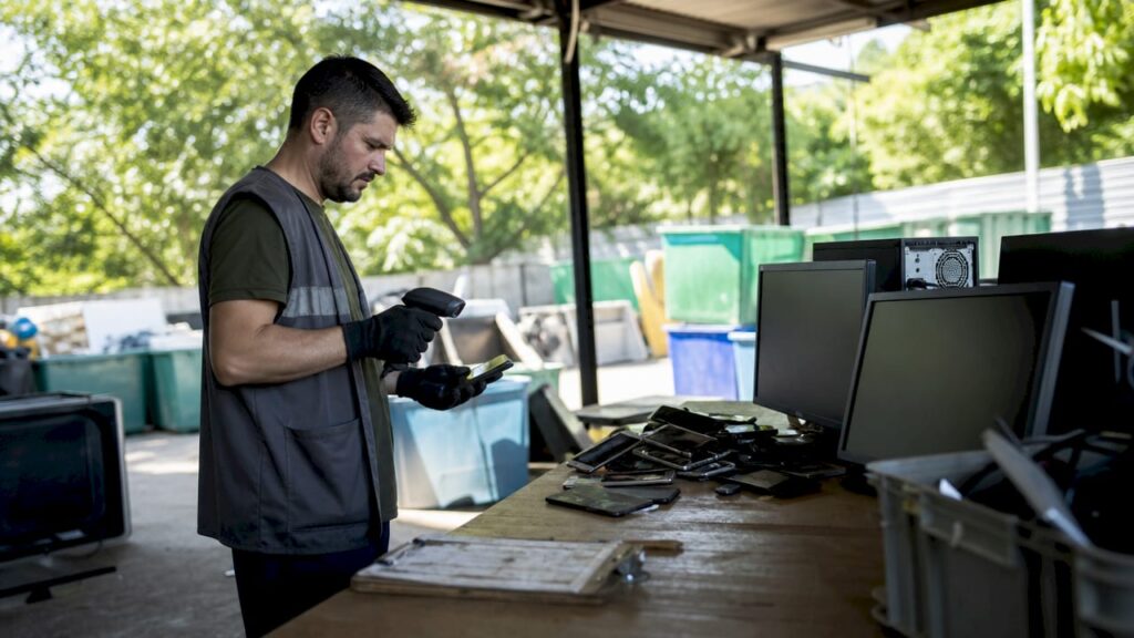 Technician scanning electronic devices in recycling center