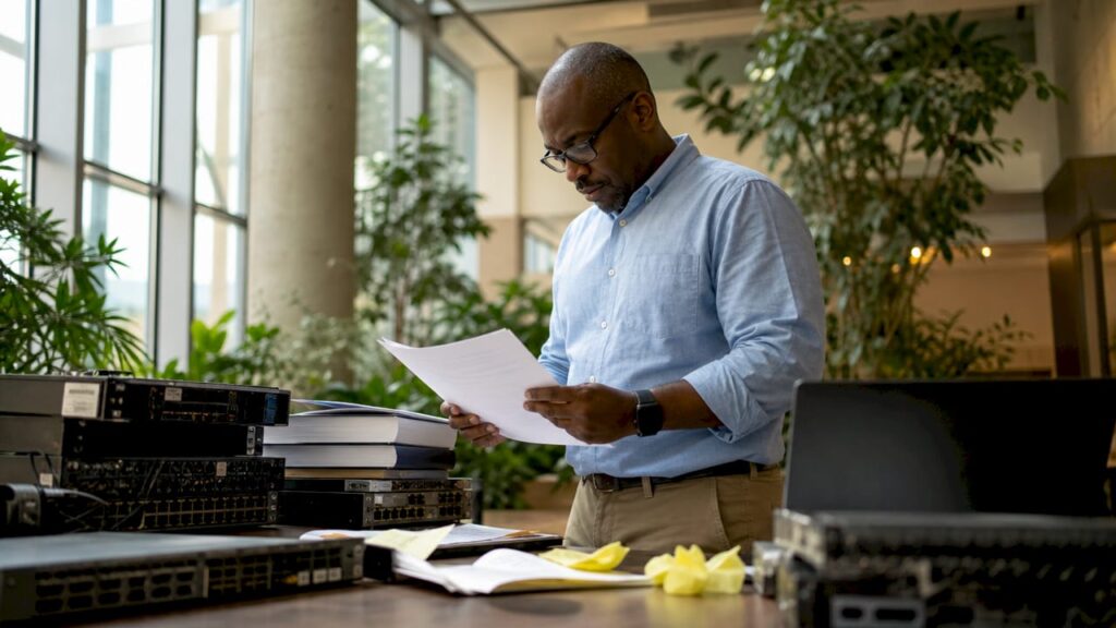 IT manager reviewing end-of-life equipment documents