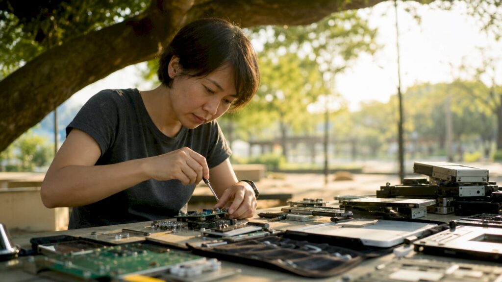Person assembling electronic parts for reuse