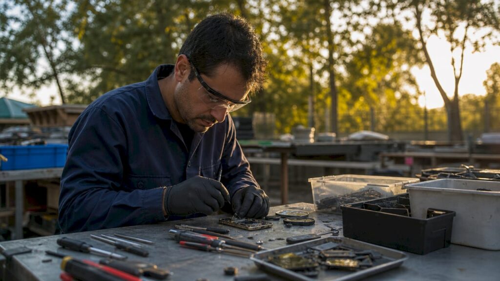 Un técnico desmonta un aparato electrónico para aprovechar sus componentes y reciclarlos.