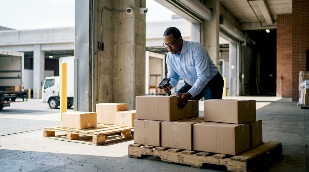 Man scanning IT equipment at secure pickup dock