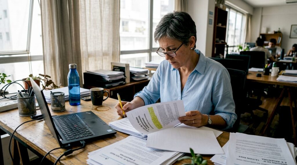Responsable de cumplimiento revisando la normativa sobre residuos electrónicos