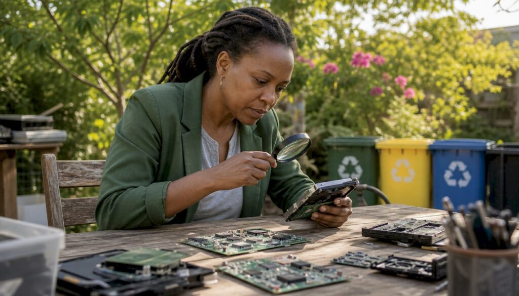 Woman inspecting electronic waste at recycling desk