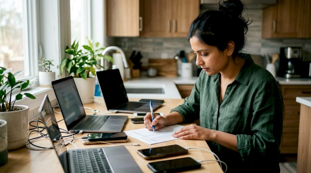 Woman performing data audit on electronics
