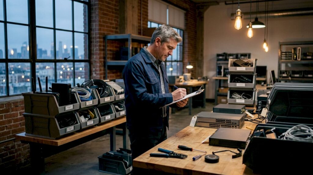 Manager labeling electronics in secure storage room