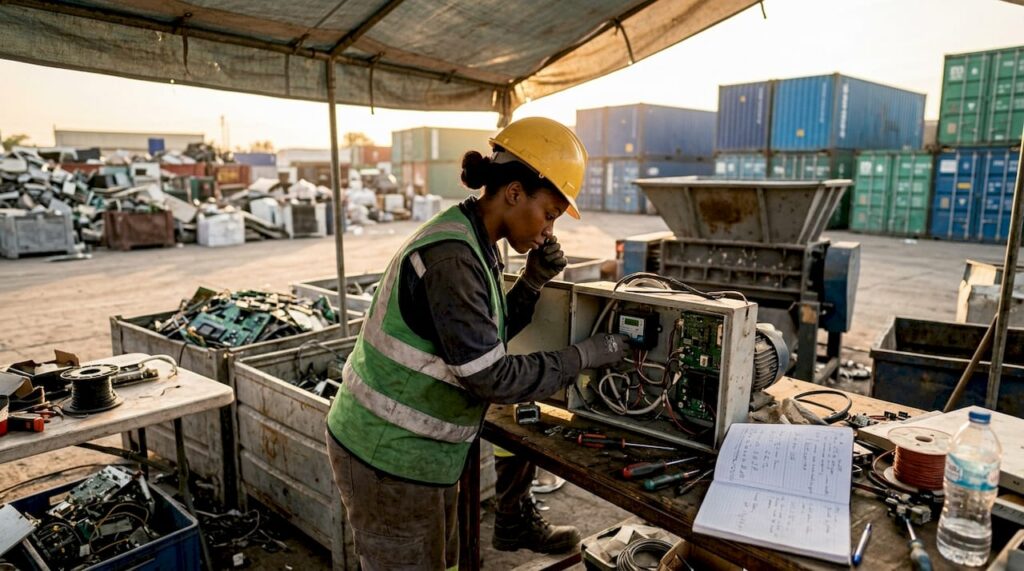 Especialista realizando la revisión de un sensor eléctrico en una planta de reciclaje