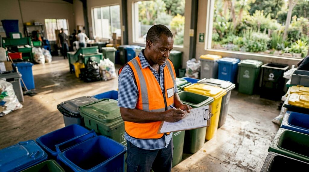 Auditor reviewing recycling workflow documents in warehouse