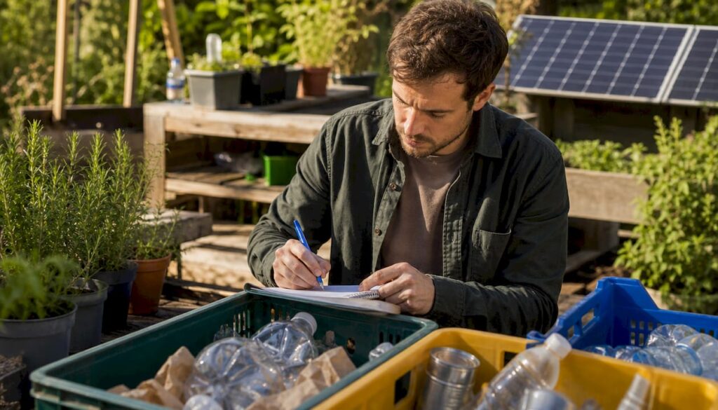 Especialista en medio ambiente clasificando materiales reciclables en el depósito