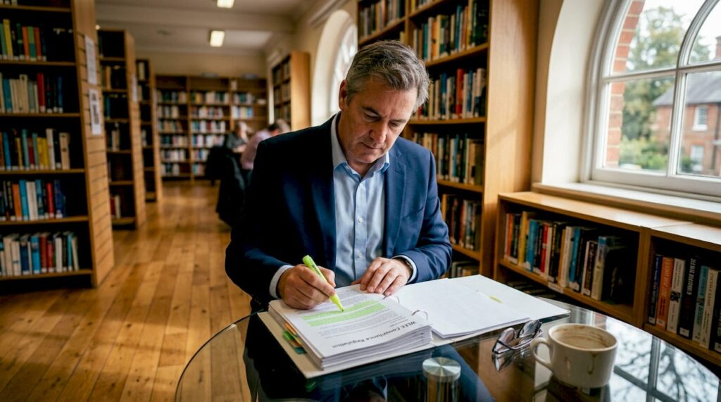 Business owner reviewing WEEE compliance binder