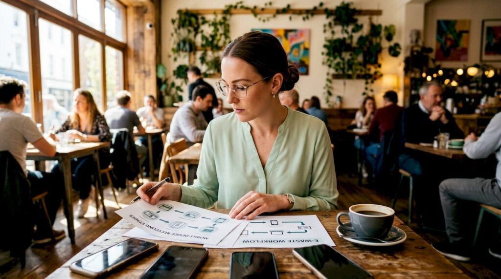 Woman reviewing mobile recycling workflow documents