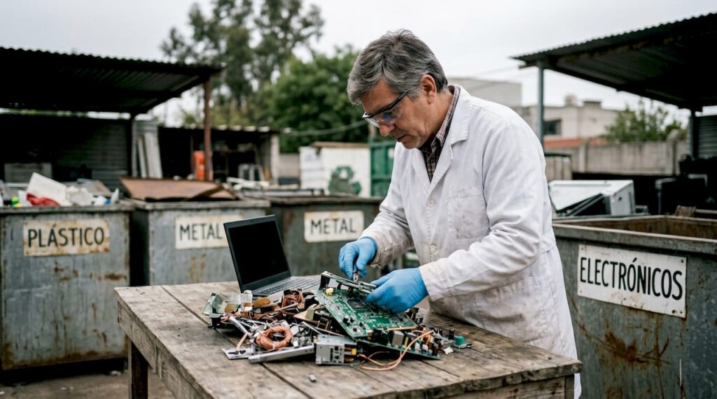 Especialista revisando componentes electrónicos recuperados