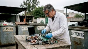 Especialista revisando componentes electrónicos recuperados