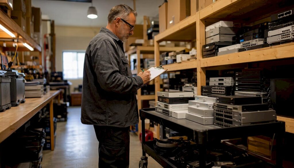 Technician documenting network hardware decommissioning
