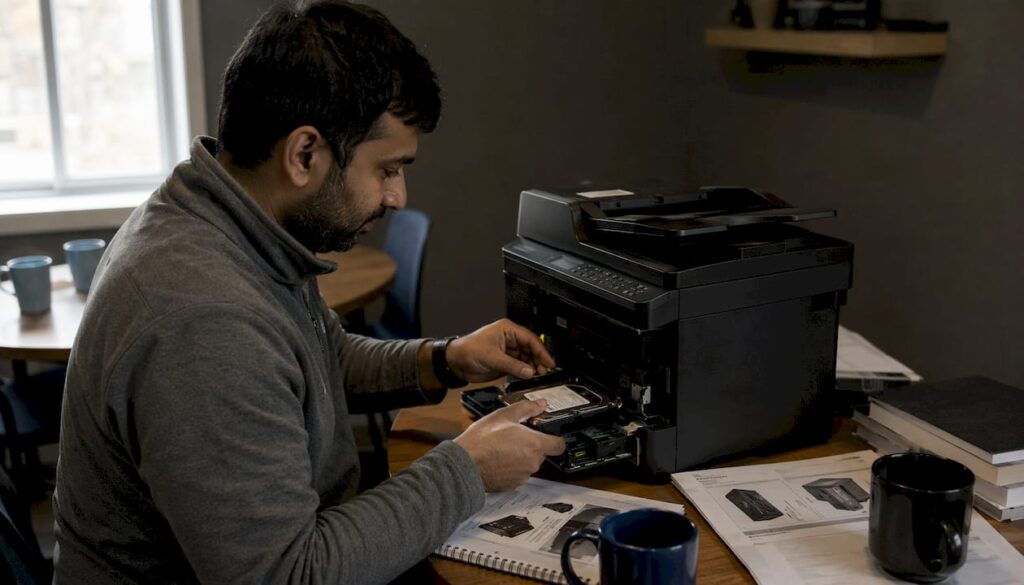 Technician removing printer hard drive securely