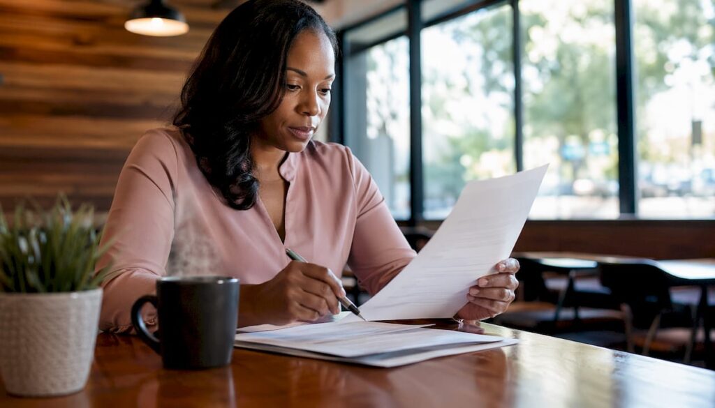 Woman reviewing IT asset disposition documents at desk