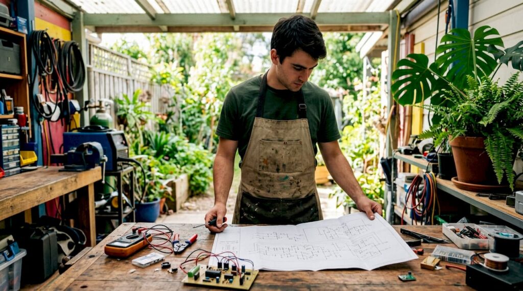 Un ingeniero analiza cuidadosamente un diseño sostenible para asegurar que cumple con los criterios ecológicos.